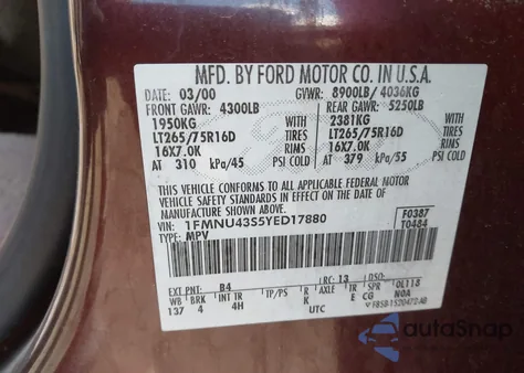 2000 Ford Excursion Limited из США, поврежденный, VIN 1FMNU43S5YED17880